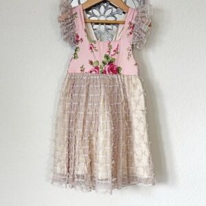 Olive Mae • Floral Pink and Cream Ruffle Dress